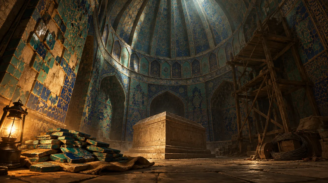 Bagian dalam mausoleum berkubah berlapis ubin pirus dan biru tua, tumpukan ubin lepas di atas terpal, perancah kayu, dan peti batu di tengah lantai.